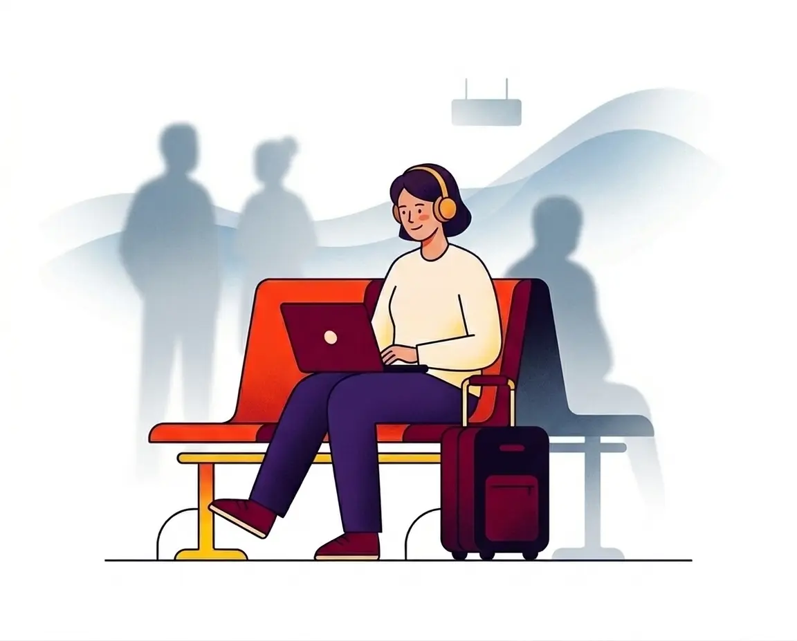 Traveler listening with headphones while working in a public space