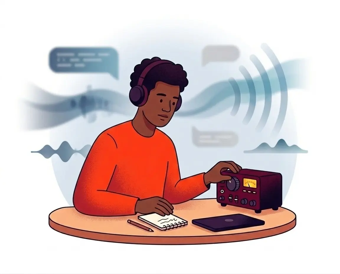 Listener adjusting radio ambience while taking notes